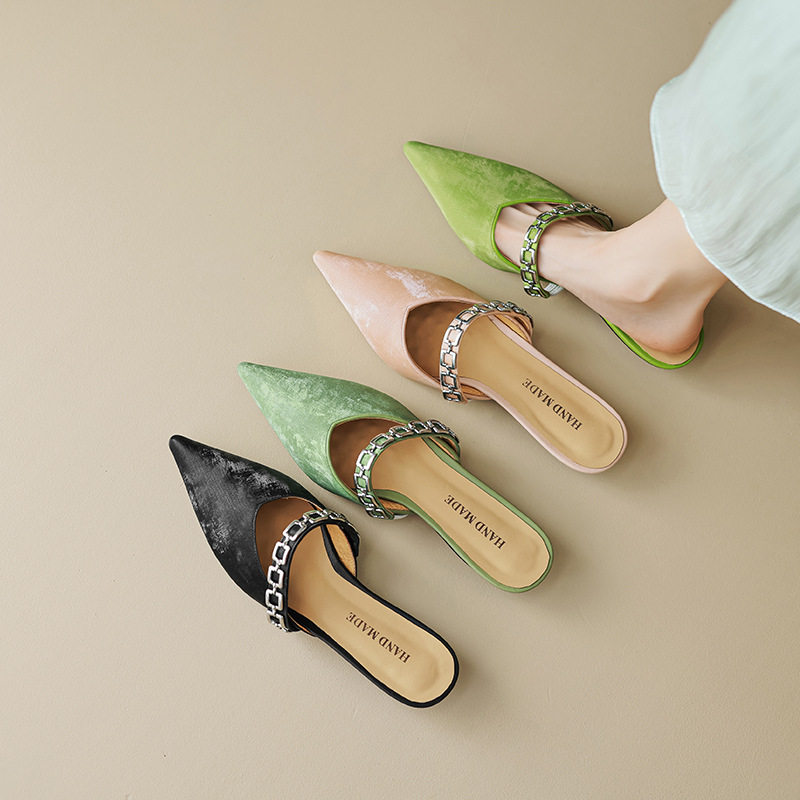 2CM新中式平底包头拖鞋女外穿尖头细跟凉鞋真皮国风百搭链条凉拖,户外/登山/野营/旅行用品,登山鞋/徒步鞋,淘宝优惠券,粉丝福利购,淘宝优惠卷