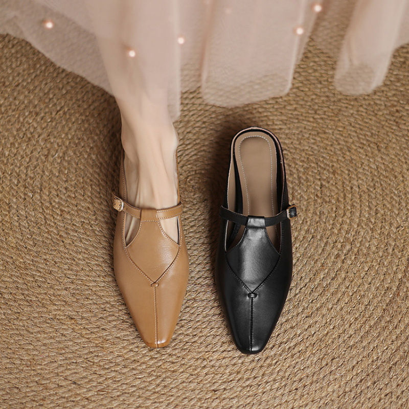 法式复古包头半拖鞋女软底夏真皮方头丁字带凉拖外穿平底穆勒鞋