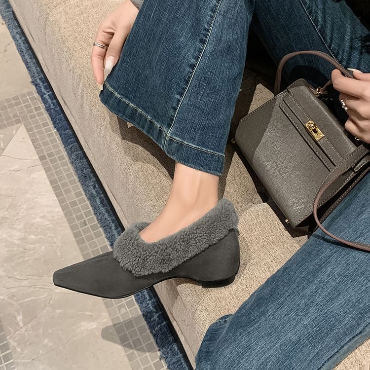 4cm中跟内增高尖头单鞋女羊翻皮春秋新款加绒羊羔毛毛鞋法式浅口~