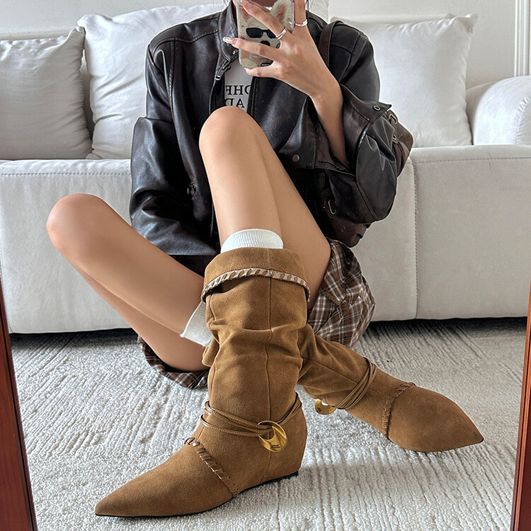休闲手工靴子~6cm复古磨砂内增高堆堆靴女2024秋冬新款尖头中筒靴