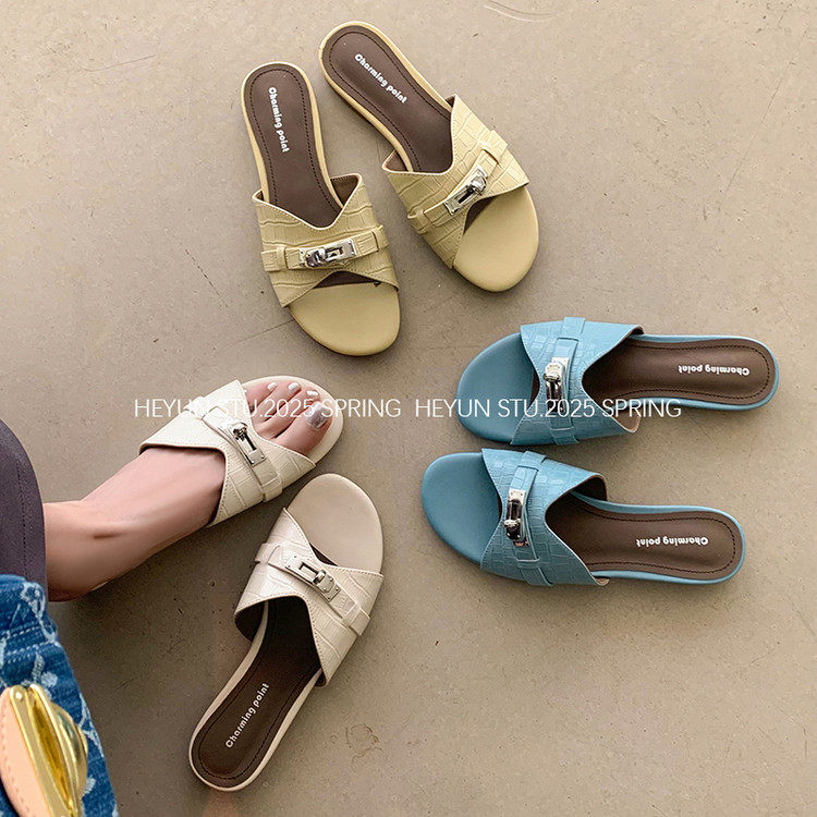 头层牛皮法式一字拖高级感温柔风露趾小金扣气质百搭鳄鱼纹2cm,户外/登山/野营/旅行用品,登山鞋/徒步鞋,淘宝优惠券,粉丝福利购,淘宝优惠卷