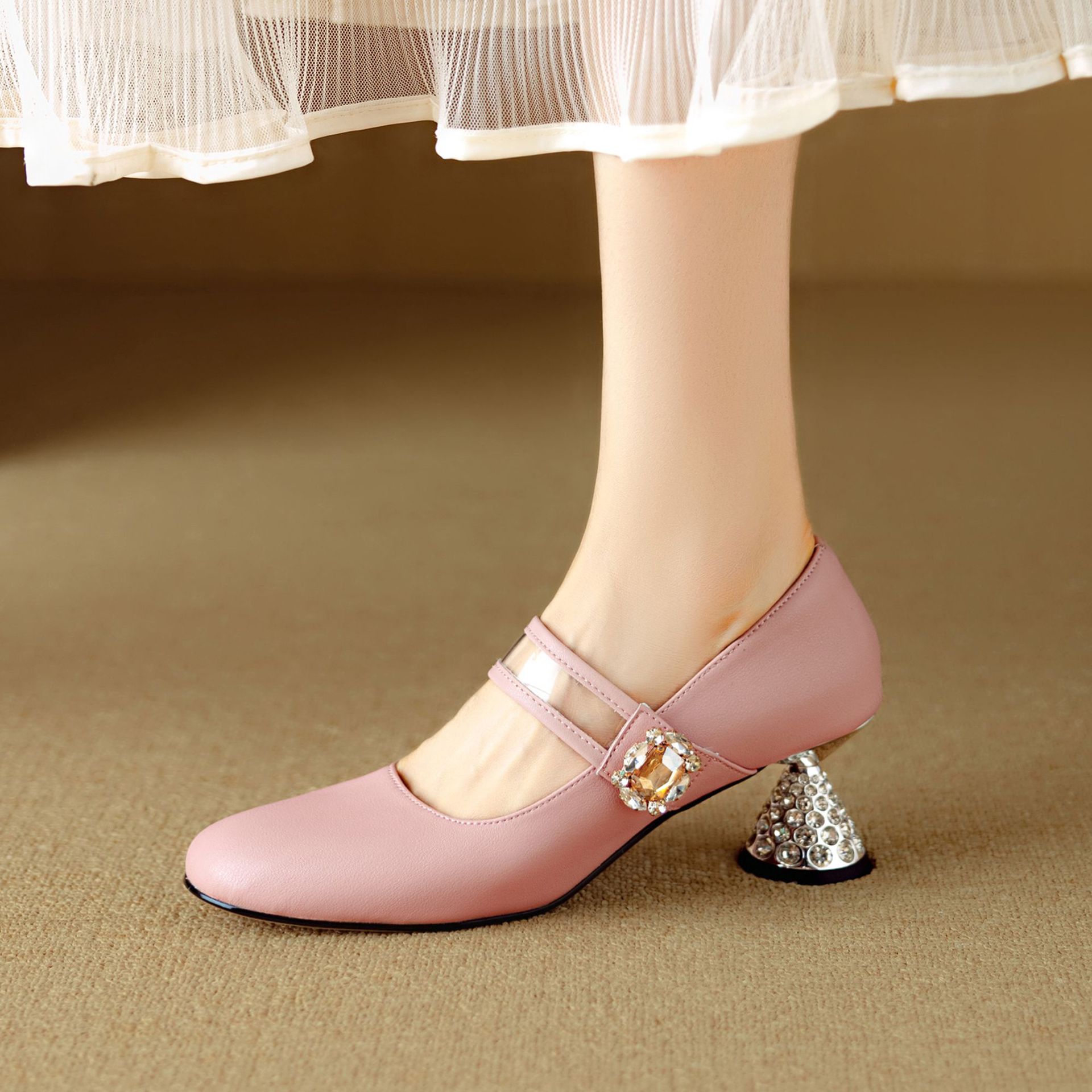 法式圆头浅口单鞋女秋中跟水钻真皮一字带玛丽珍女鞋粗跟纯色女鞋