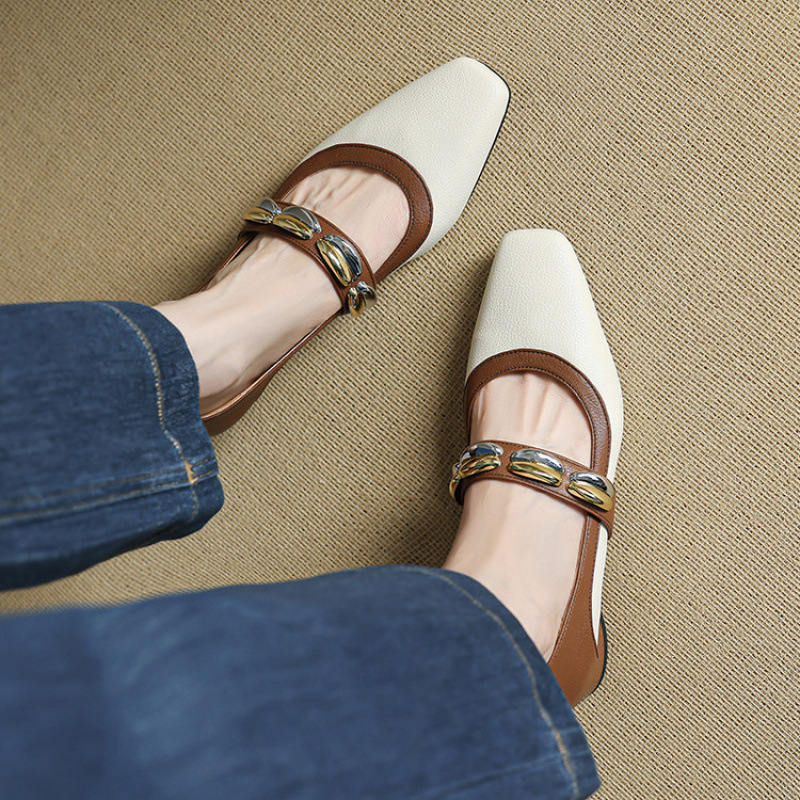 法式温柔风低跟单鞋女2025新款真皮尖头浅口小皮鞋一字带玛丽珍鞋