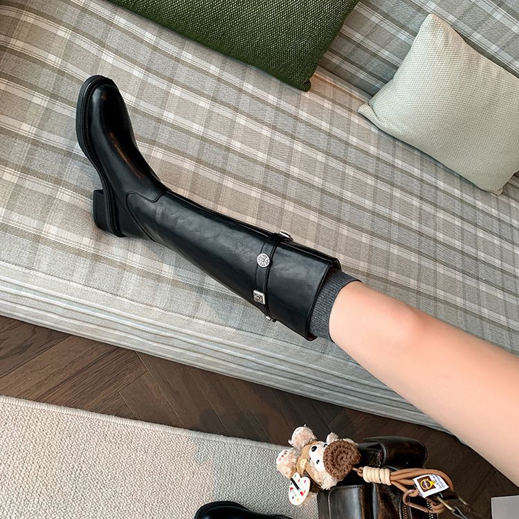 小个子不过膝高筒骑士靴女2024秋冬真皮粗跟圆头铆钉皮带扣长筒靴