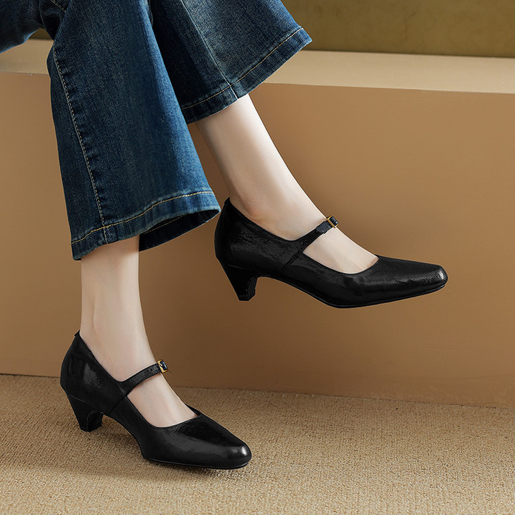 头层羊皮！法式复古粗跟单鞋女2025新款小方头粗跟一字扣小皮鞋女