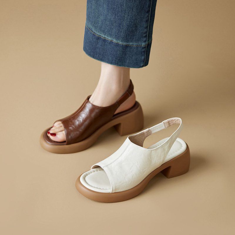 6cm牛皮复古棕色粗跟凉鞋女夏露趾鱼嘴中跟真皮厚底一字带罗马鞋