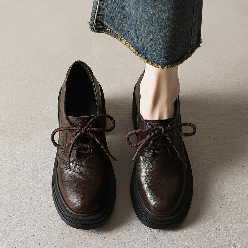 2025春季新款英伦风复古圆头前系带深口小皮鞋通勤鞋乐福鞋时装鞋