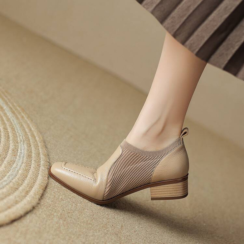 2025春秋新款法式中跟粗跟单鞋女真皮方头深口奶奶鞋一脚蹬小皮鞋