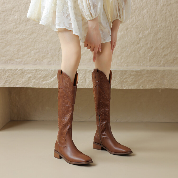 休闲复古美式刺绣v口长靴女真皮骑士靴小个子高筒靴西部牛仔靴绒~