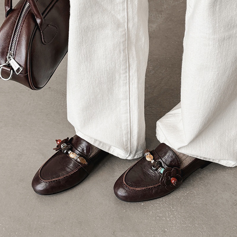 巨软~平底乐福鞋女新潮手工串珠花小皮鞋里外全皮一脚蹬纯真皮单