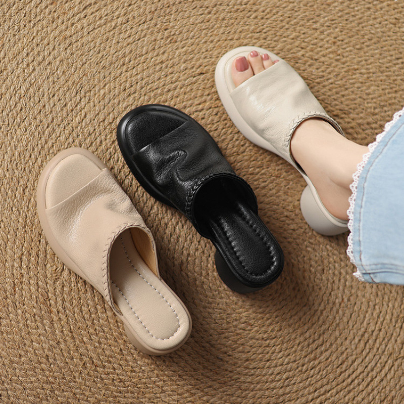 6cm松糕厚底软羊皮凉拖鞋女外穿夏新款真皮小个子增高一字拖鞋