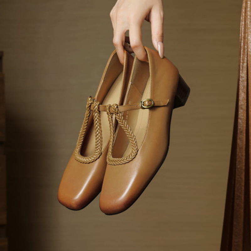 法式复古温柔风中粗跟小皮鞋女通勤方头浅口单鞋丁字带玛丽珍鞋