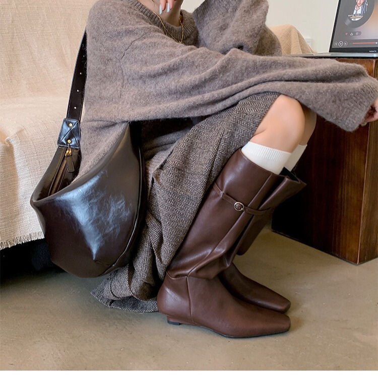大筒围棕色骑士靴真皮方头坡跟长筒靴女复古西部牛仔靴高筒瘦瘦靴
