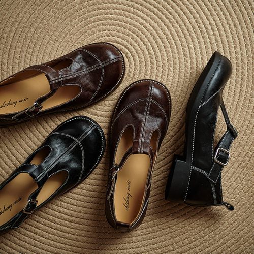 时尚百搭圆头真皮丁字带低粗跟深口玛丽珍单鞋女2025新款夏黑棕色