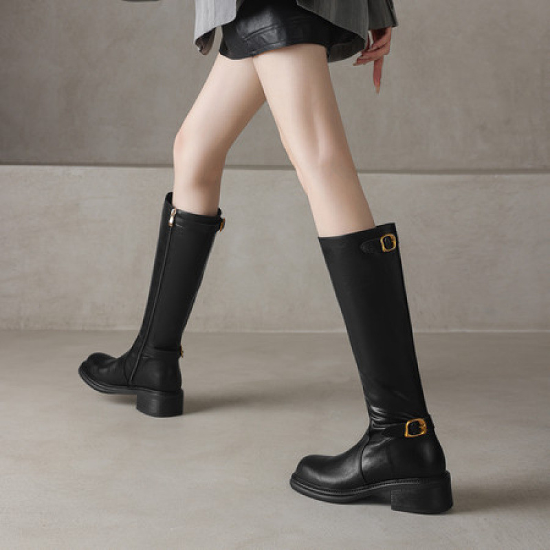 4.5cm~真皮圆头皮带扣高筒骑士靴女粗跟显瘦侧拉链通勤百搭长筒靴