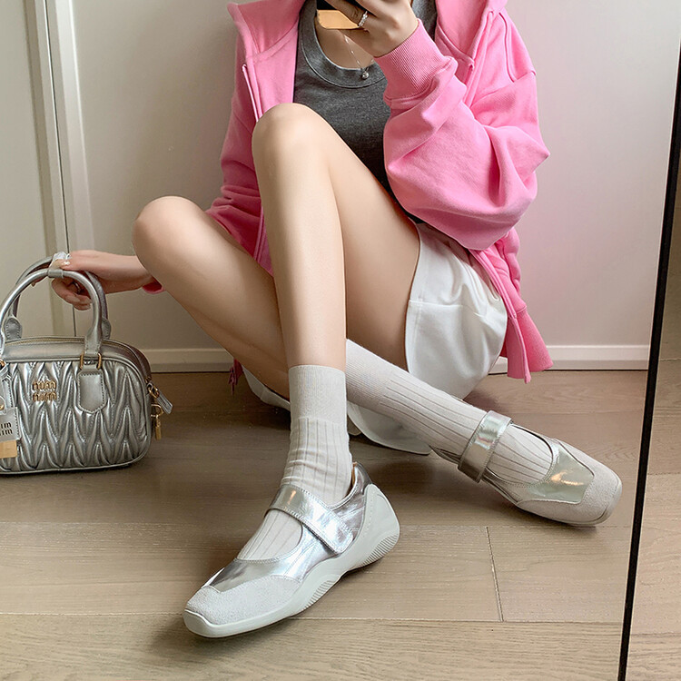 头层牛皮搭扣魔术贴单鞋银色法式方头内增高玛丽珍女鞋运动休闲鞋