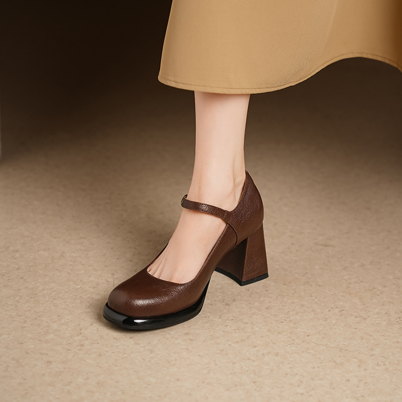 成都手工女鞋~7cm高跟复古圆头玛丽珍鞋2025春秋浅口羊皮粗跟单鞋