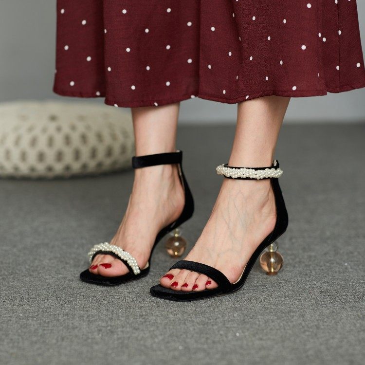 珍珠高跟方头一字带凉鞋女不对称串珠2023年夏季水晶透明跟时装鞋,女鞋,马丁靴,淘宝优惠券,粉丝福利购,淘宝优惠卷