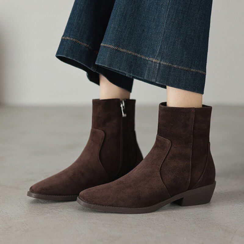 翻毛皮洋气小短靴女春秋单靴方头中跟粗跟真皮磨砂皮棕色40冬加绒