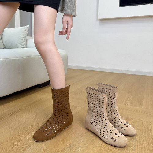 真皮镂空透气短靴夏天靴子美拉德棕色凉靴内增高马丁靴草原靴子