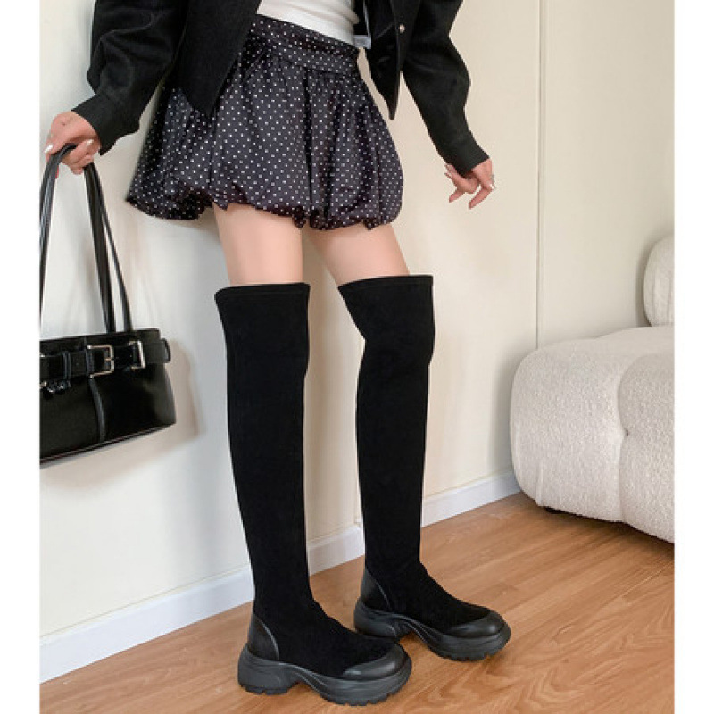 羊皮版~内增高韩版拼接绒面圆头弹力靴2025新款厚底显瘦长筒靴女