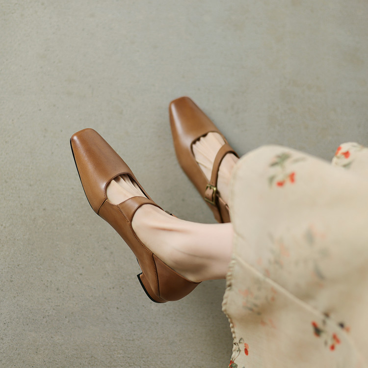 法式复古小方头一字带浅口单鞋24新款黑色软底玛丽珍低跟小皮鞋女