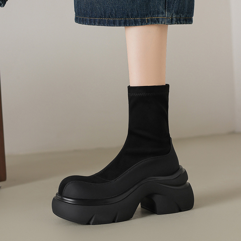 7cm厚底弹力马丁靴女真皮瘦瘦短靴2025冬季新款松糕高跟时装单靴