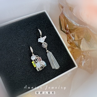 爱情鸟 韩国东大门小鸟笼流苏不对称耳环时尚气质耳饰复古民族风