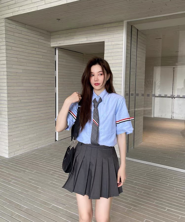 春夏季tb短袖衬衫女学院风双袖标织带宽松白色纯棉上衣防晒外套潮