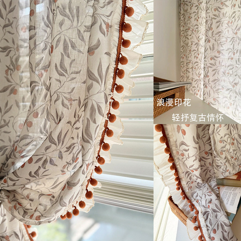 新款复古风亚麻印花(菩提果）客厅卧室阳台透光不透人米纱帘定制,居家布艺,定制窗帘,淘宝优惠券,粉丝福利购,淘宝优惠卷