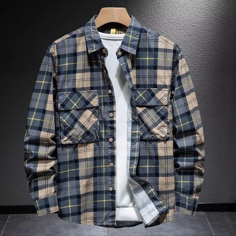 美式复古男士格子衬衫宽松大码秋季休闲长袖衬衣潮牌工装外套