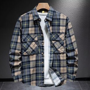 宽松大码 格子衬衫 秋季 休闲长袖 外套 美式 衬衣潮牌工装 复古男士
