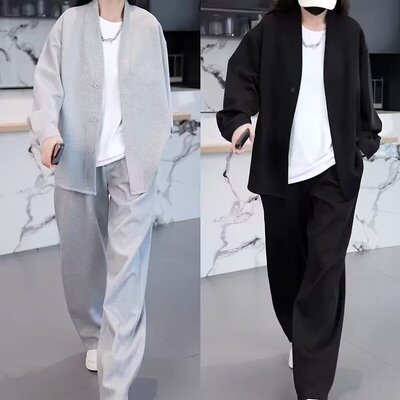 秋季美式潮牌高级感休闲运动套装男女同款时尚V领外套长裤两件套