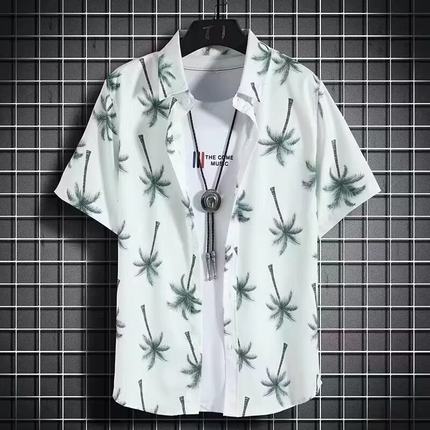 扎染印花夏威夷风短袖衬衫男生夏季薄款宽松大码沙滩潮流衬衣外套