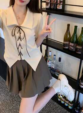 大码胖MM正肩短袖polp领T恤女2024夏季遮肉别致小衫绑带设计小众