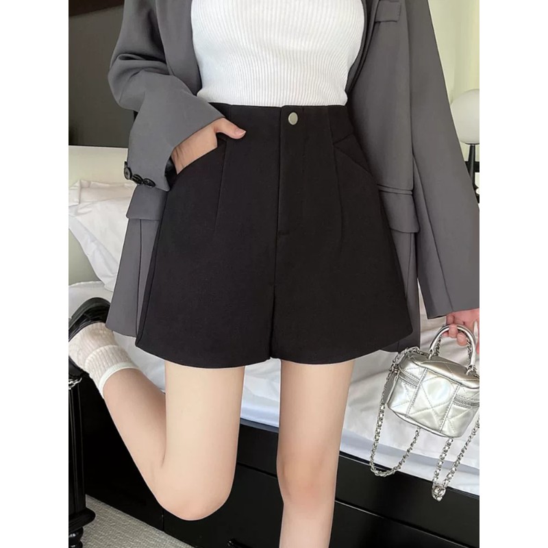 大码黑色毛呢短裤女胖M新款韩版百搭阔腿裤高腰宽松a字阔腿裤靴裤