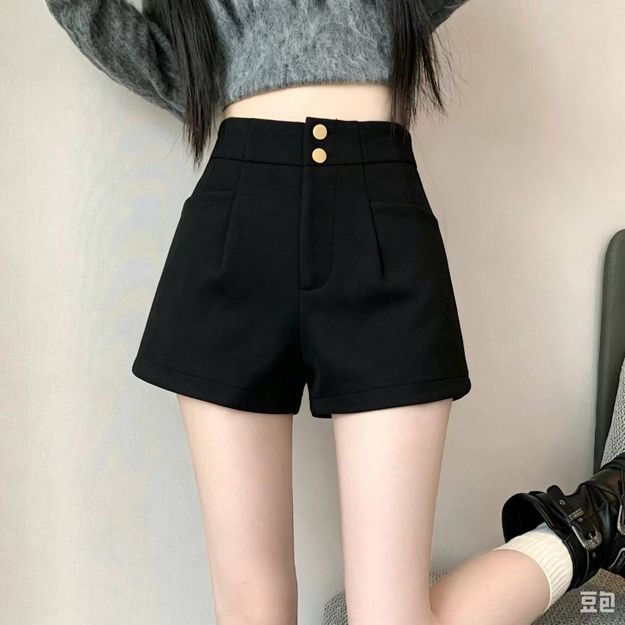 高腰毛呢阔腿短裤女秋冬大码百搭