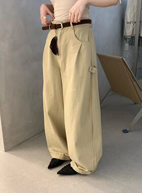 METWO 2025早秋新款韩系简约风百搭ins风长裤9038#美式卡其皮带裤