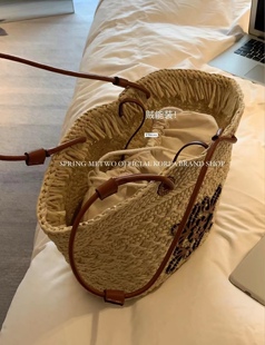 METWO 法式编织包女手工手织包包单肩草编藤编草包度假沙滩饺子包