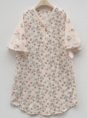 康妮雅家居服睡衣夏款棉+桑蚕丝V领半开短袖中裙宽松女睡裙62218