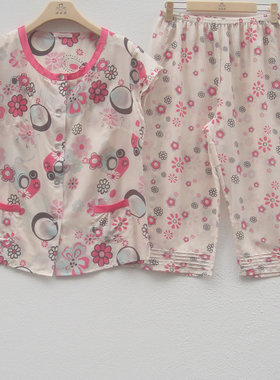 康妮雅家居服睡衣夏款棉+桑蚕丝圆领开衫短袖中裤轻薄女套装62852