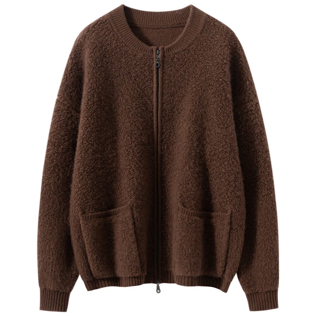 重磅加厚拉链山羊绒开衫女棒球服毛巾绣外搭针织衫慵懒保暖毛衣