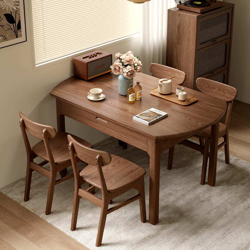 实木餐桌可变圆桌中古方圆两用可伸缩小户型折叠中式吃饭桌子家用