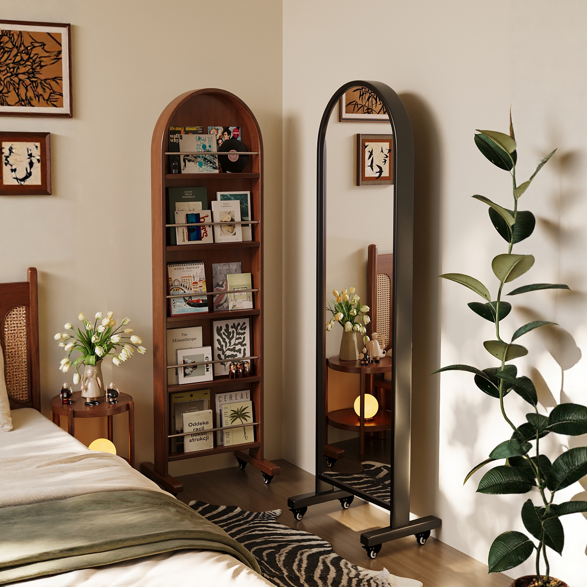 可移动全身镜杂志架镜子中古风