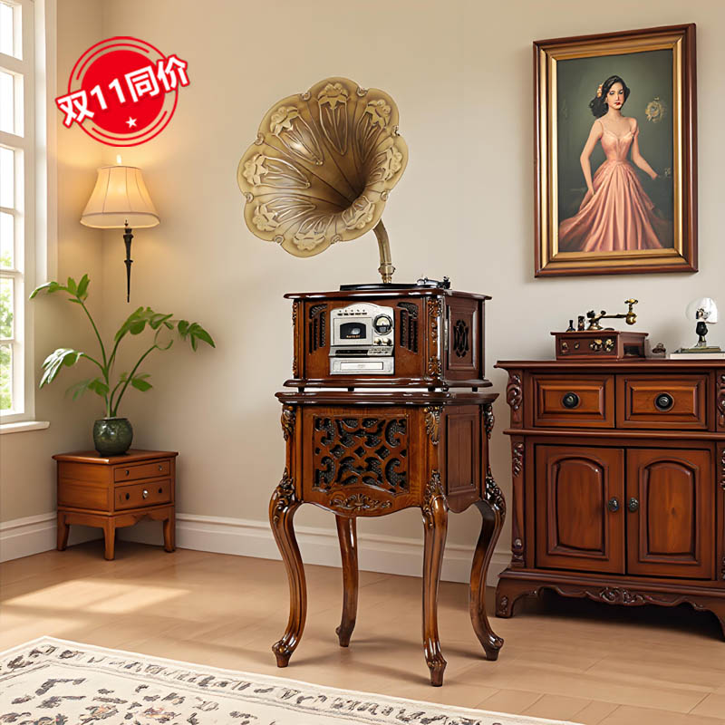 复古留声机黑胶唱片机蓝牙CD一体机仿古大喇叭电唱机家用HIFI音响
