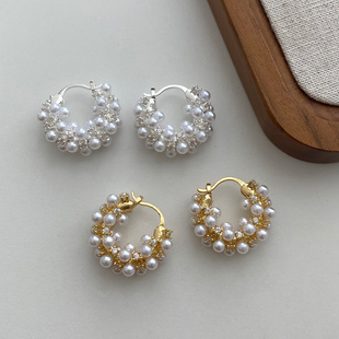 欧美复古珍珠锆石耳扣耳环925银针小众设计高级感耳饰2025新款 女