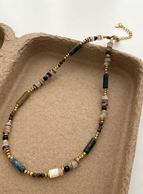 轻奢彩色石珠项链女金色隔珠