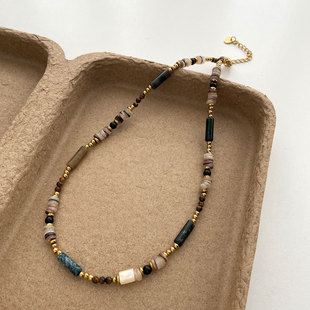 轻奢彩色天然石珠项链金色隔珠设计感锁骨链高级感毛衣链2025新款