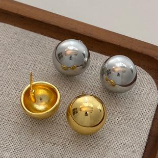 高级感金属圆球耳钉耳环简约气质925银针耳饰百搭2025新款 女 爆款