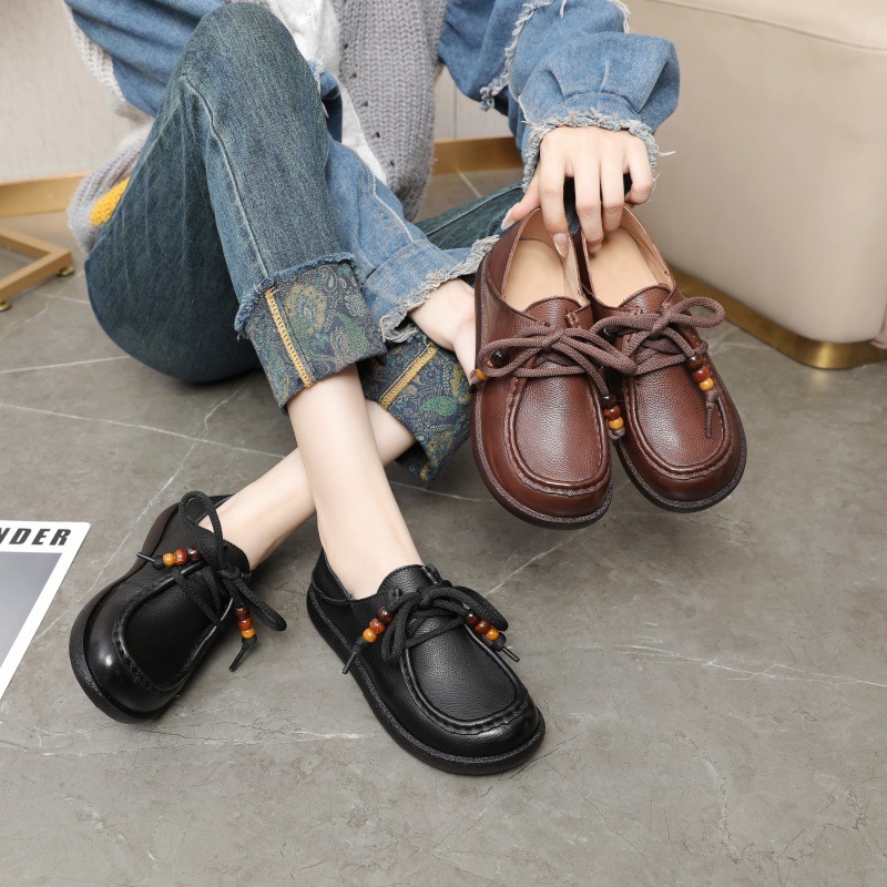 厚底手工女鞋软底不累脚百搭透气牛皮单鞋女坡跟绑带休闲鞋袋鼠